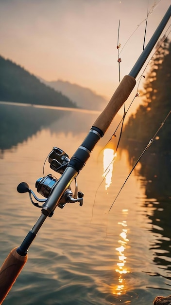 Une canne à pêche sur un fond flou du lac