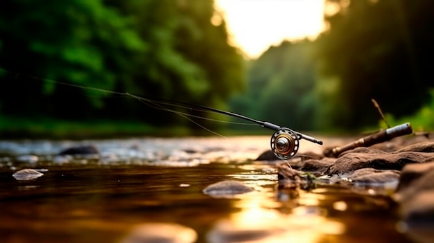 La canne de pêche sur le fond de la rivière