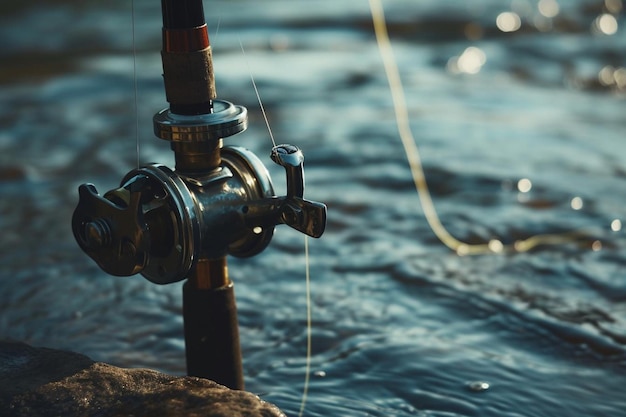 Canne à pêche sur le fond de la rivière