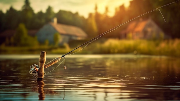 Canne à pêche pêche sur le fond de la rivière Generative AI