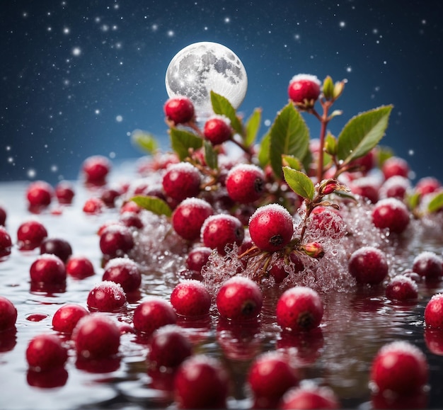 Des canneberges congelées et la lune sur un fond sombre avec des gouttes d'eau