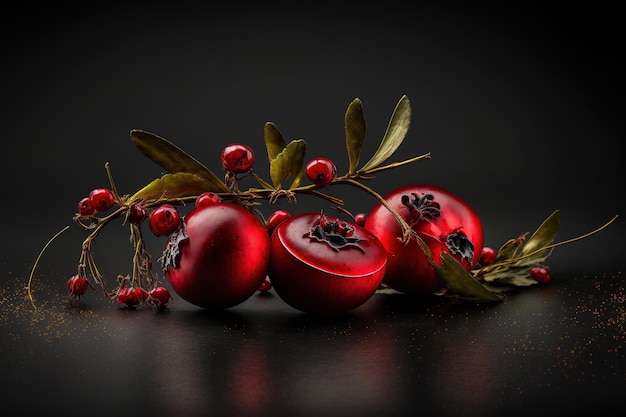 Canneberges rouges en macrophotographie sur un fond sombre