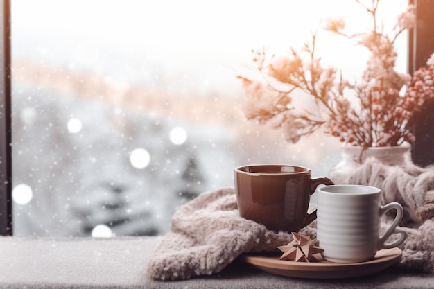 Cannelle et décoration de Noël sur table en bois Branche d'épinette orange et neige Morn Generative AI