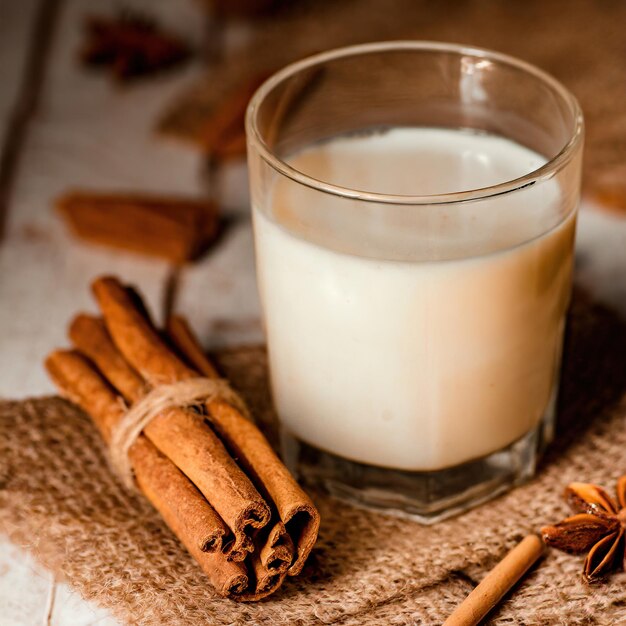 Photo de la cannelle et un verre de lait