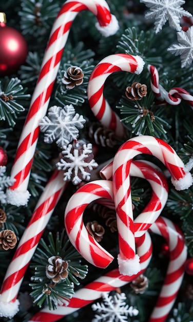 Cannes De Bonbon Entrelacées Dans Une Guirlande De Noël Matin Temps Glacial Photo D'en Haut