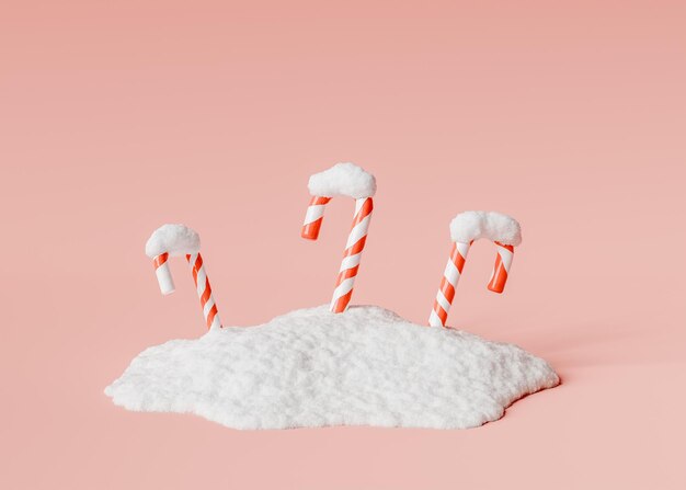 Cannes de bonbon sur un tas de neige sur un fond de studio rouge Noël froid et hiver concept rendu 3d