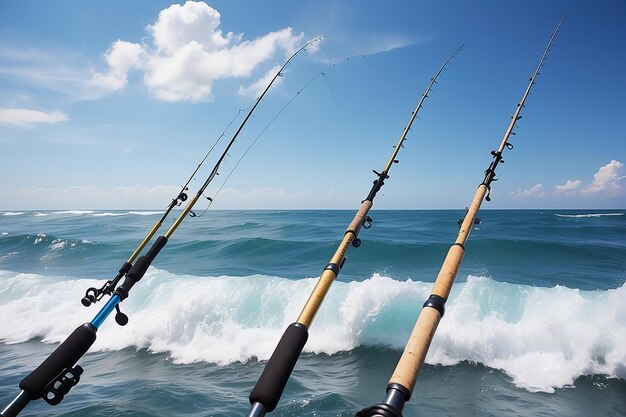 Photo des cannes de pêche contre les vagues de l'océan et le ciel bleu