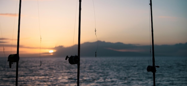 Cannes à pêche et engins de pêche sur la côte de l'océan se bouchent