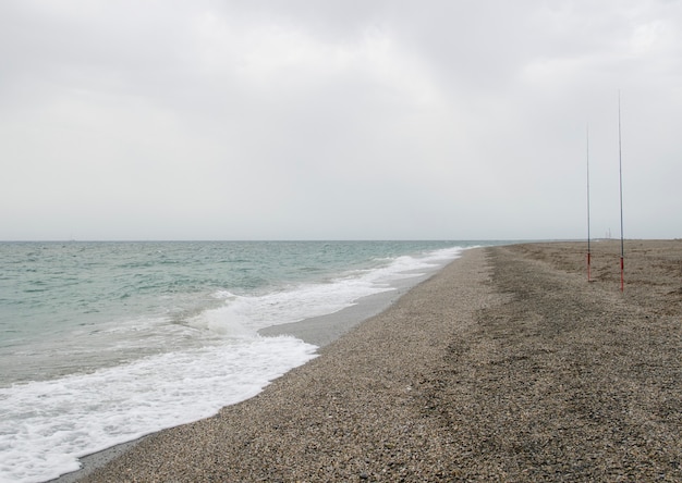 Cannes à pêche installées sur le rivage de la plage