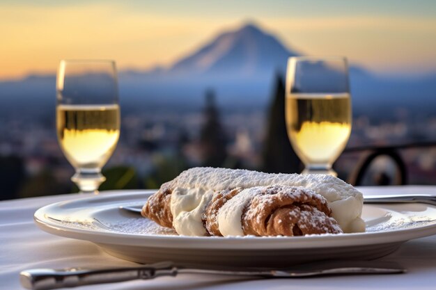 cannoli sur une assiette avec de la crème de ricotta sucrée dans une scène sicilienne avec un arrière-plan flou