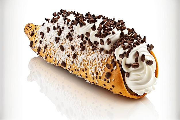 Cannoli à la crème de fromage cottage et gouttes de chocolat sur fond blanc brillant