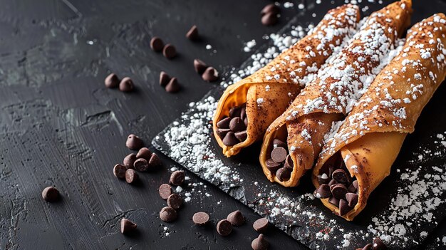 Cannoli italien avec des chips de chocolat sur un fond sombre avec de l'espace pour le texte ou le produit et une vue supérieure IA générative