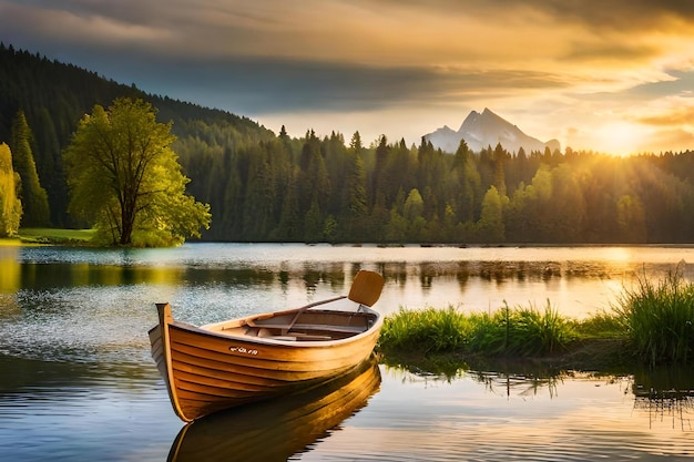 Un canoë est assis sur un lac avec une montagne en toile de fond.