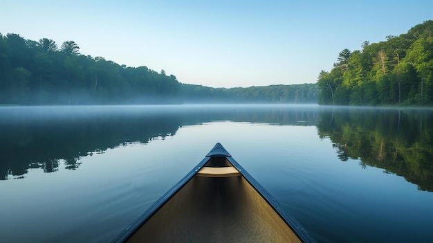 Le canoë glisse silencieusement à travers les eaux calmes du lac le seul bruit est le doux battement des vagues contre les côtés du canoë