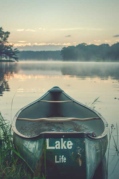 Canoë sur un lac brumeux avec le texte Lake Life