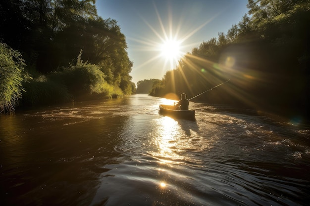 Canoéiste pagayant sur une rivière tranquille avec le soleil qui brille au-dessus créé avec une IA générative