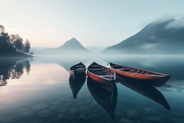 Photo des canoës sur un lac de montagne brumeux