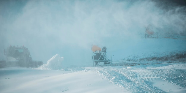 Canon à neige dans les montagnes d'hiver. Pistolet à neige pulvérisant des cristaux de glace artificiels. Machine à faire de la neige.