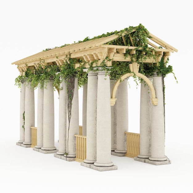 Photo canopée pergola classique avec colonnes toit en bois et lierre rendu 3d en haute résolution isolé