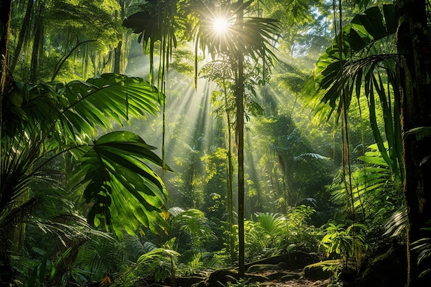 Photo la canopée verdoyante de la forêt tropicale avec les rayons du soleil qui traversent