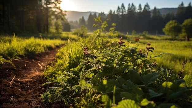 La canopée verte s'étend sur le panorama des sommets des montagnes