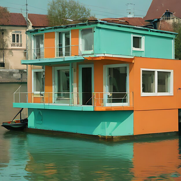 un canot coloré flotte sur l'eau avec une maison sur le côté