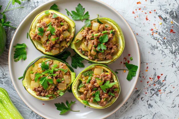 Photo des canots de courgettes salés sur une assiette sombre avec de la garniture de persil frais