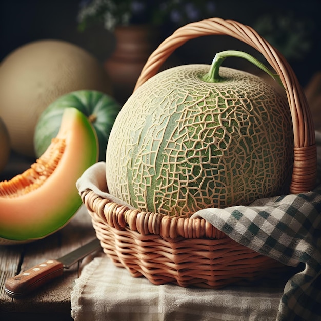 Photo cantaloupe dans un panier en osier