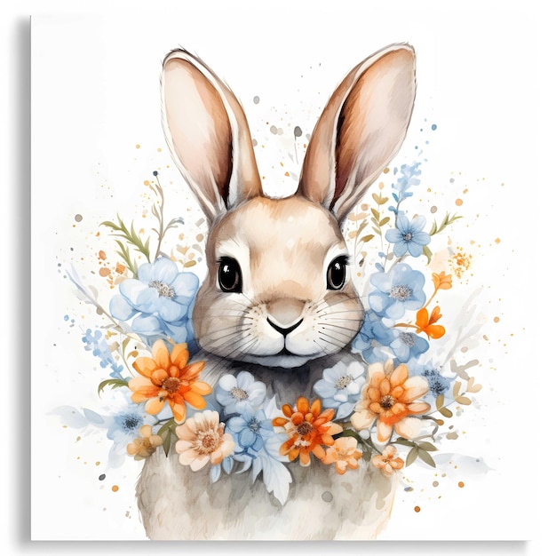 Canvas à aquarelle de lapin vibrant Impression orange foncé bleu clair Illustrations d'animaux hyper réalistes