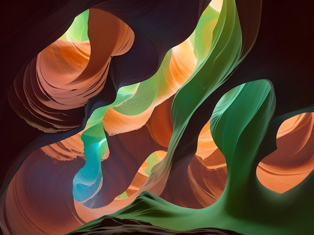 Le canyon de l'antilope avec des tourbillons de nébuleuses de couleur verte et orange vibrantes
