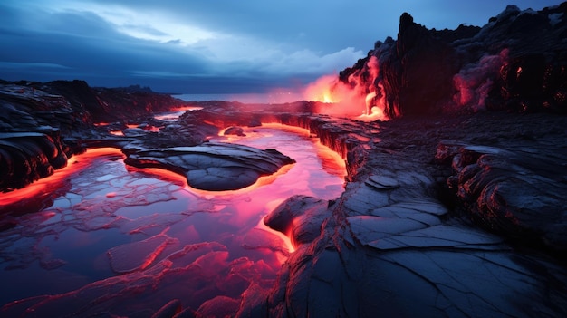 Un canyon aux couleurs rouges et bleues