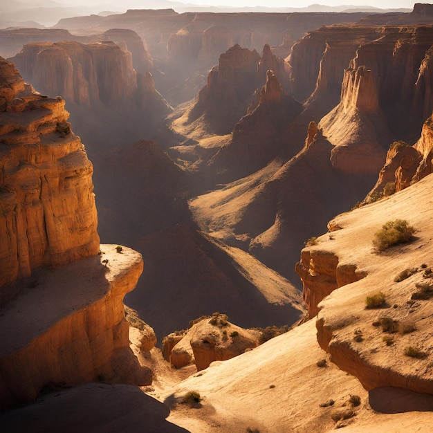 un canyon baigné par la chaude lumière du soleil avec des ombres spectaculaires et des formations rocheuses escarpées