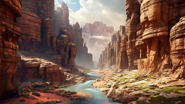 Canyon avec des falaises imposantes des formations rocheuses sculptées et une rivière sinueuse en dessous générée par l'IA