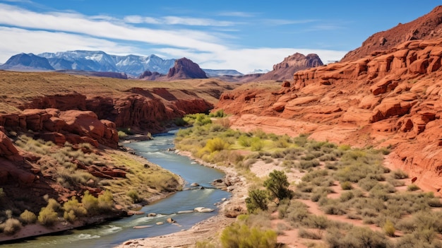 Un canyon de roches rouges escarpées avec une rivière sinueuse