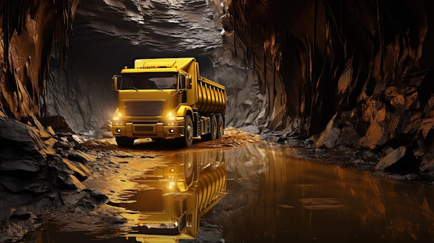 Un canyon sombre sert de chemin à un camion-benne jaune