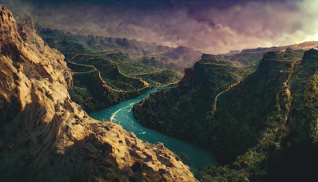 Canyon une vallée fluviale profonde avec des pentes très raides souvent abruptes et un fond étroit Paysage de montagne fantastique montagne rivière brouillard vue de dessus illustration 3D