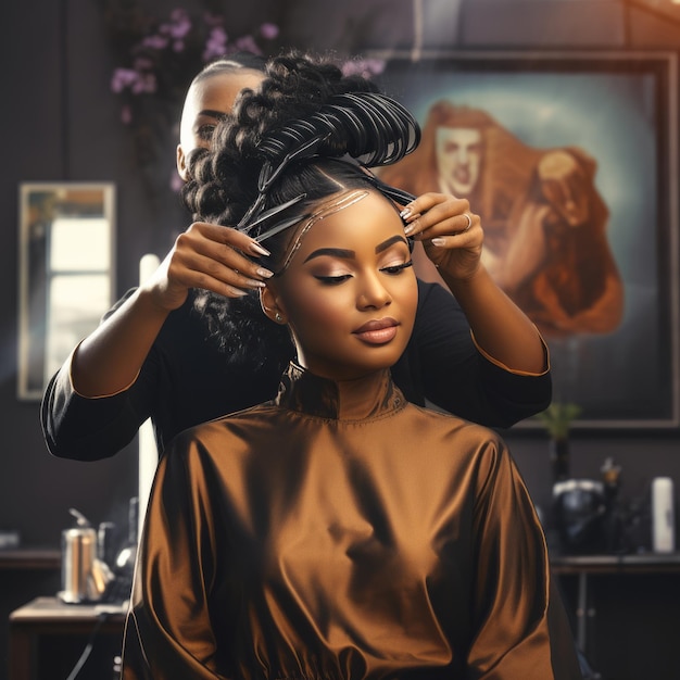 Photo capaciter la beauté capturer l'essence du voyage de cheveux d'une femme noire dans un salon de coiffure moderne