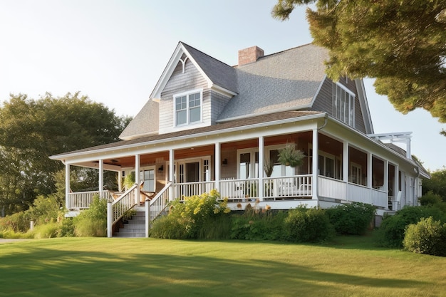 Cape cod house avec porche enveloppant et chaises berçantes créées avec générative ai