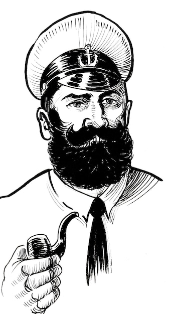 Capitaine barbu avec une pipe fumante. Dessin noir et blanc à l'encre