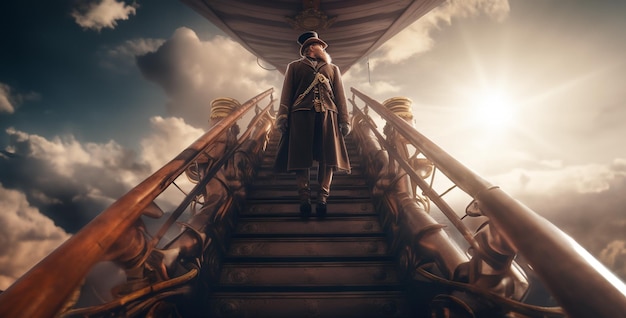 capitaine d'un dirigeable steampunk debout au sommet du fond d'écran ciel hd