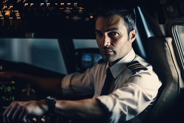 Capitaine pilote à l'intérieur du cockpit d'un avion de passagers volant AI générative