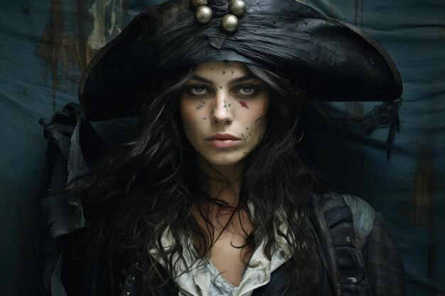 Capitaine pirate femme fond noir concept fantastique et historique IA générative