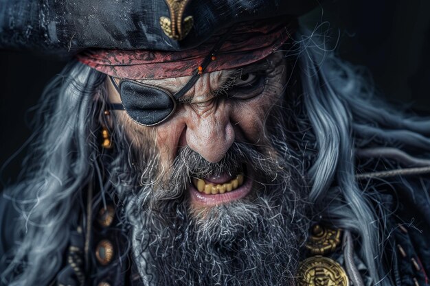 Photo le capitaine pirate intense avec un pansement sur l'œil dans un éclairage spectaculaire