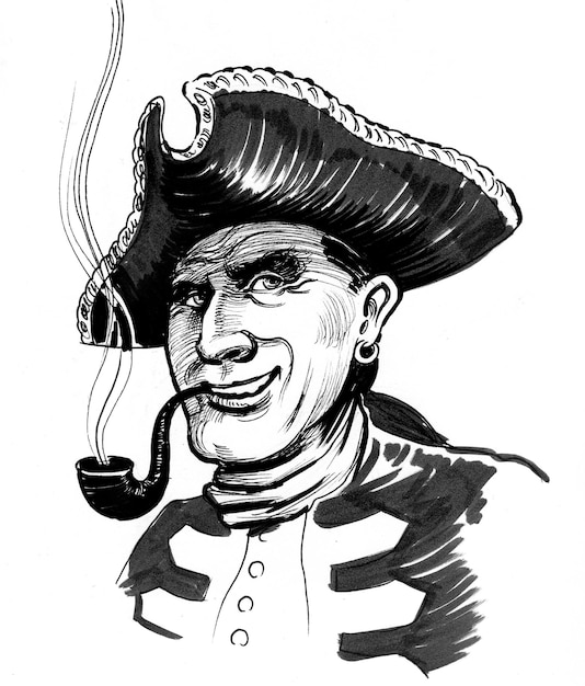 Capitaine pirate avec pipe. Dessin noir et blanc à l'encre