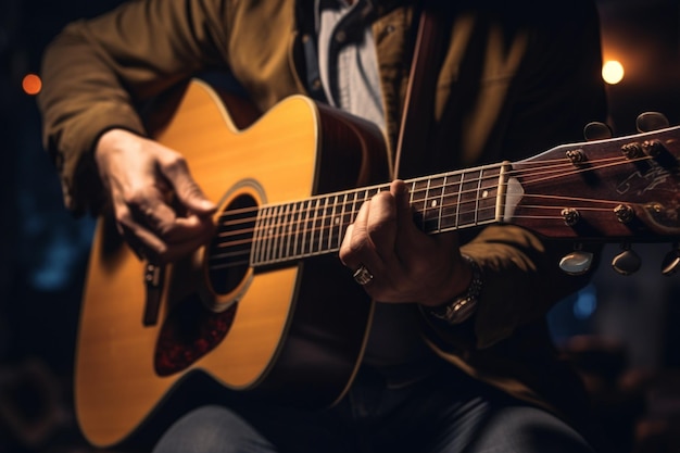 Le capo guitariste en place fait une sérénade au microphone avec une guitare acoustique