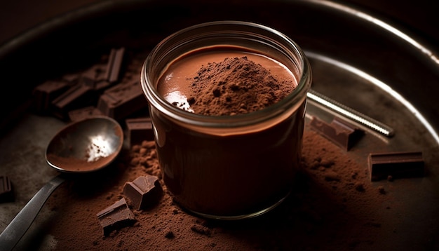 Cappuccino au chocolat foncé, cuillère de poudre de cacao générée par l'intelligence artificielle.
