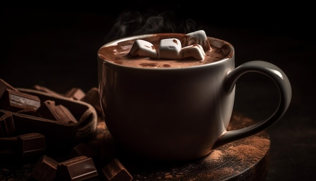Cappuccino au chocolat noir sur table en bois rustique généré par AI