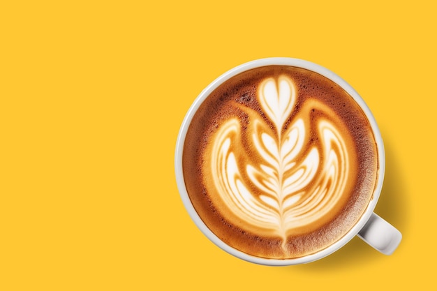 Cappuccino de café chaud ou vue de dessus de café au lait isolé sur fond jaune avec un tracé de détourage