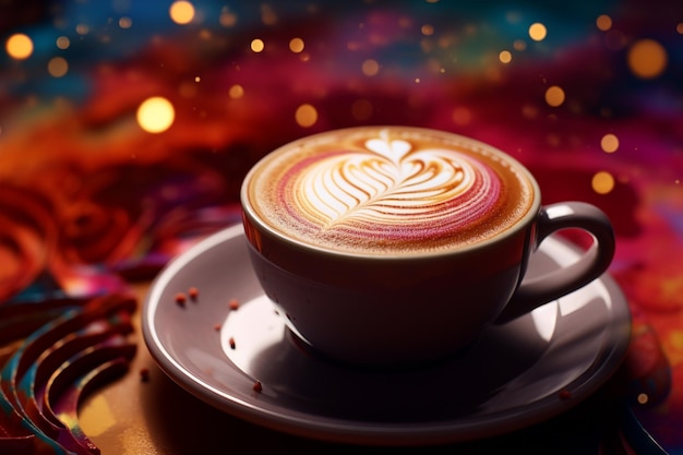 Cappuccino conçu par coeur dans un fond coloré