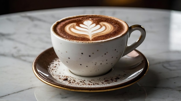 Un cappuccino épongé élégant dans une tasse de porcelaine sur un comptoir en marbre